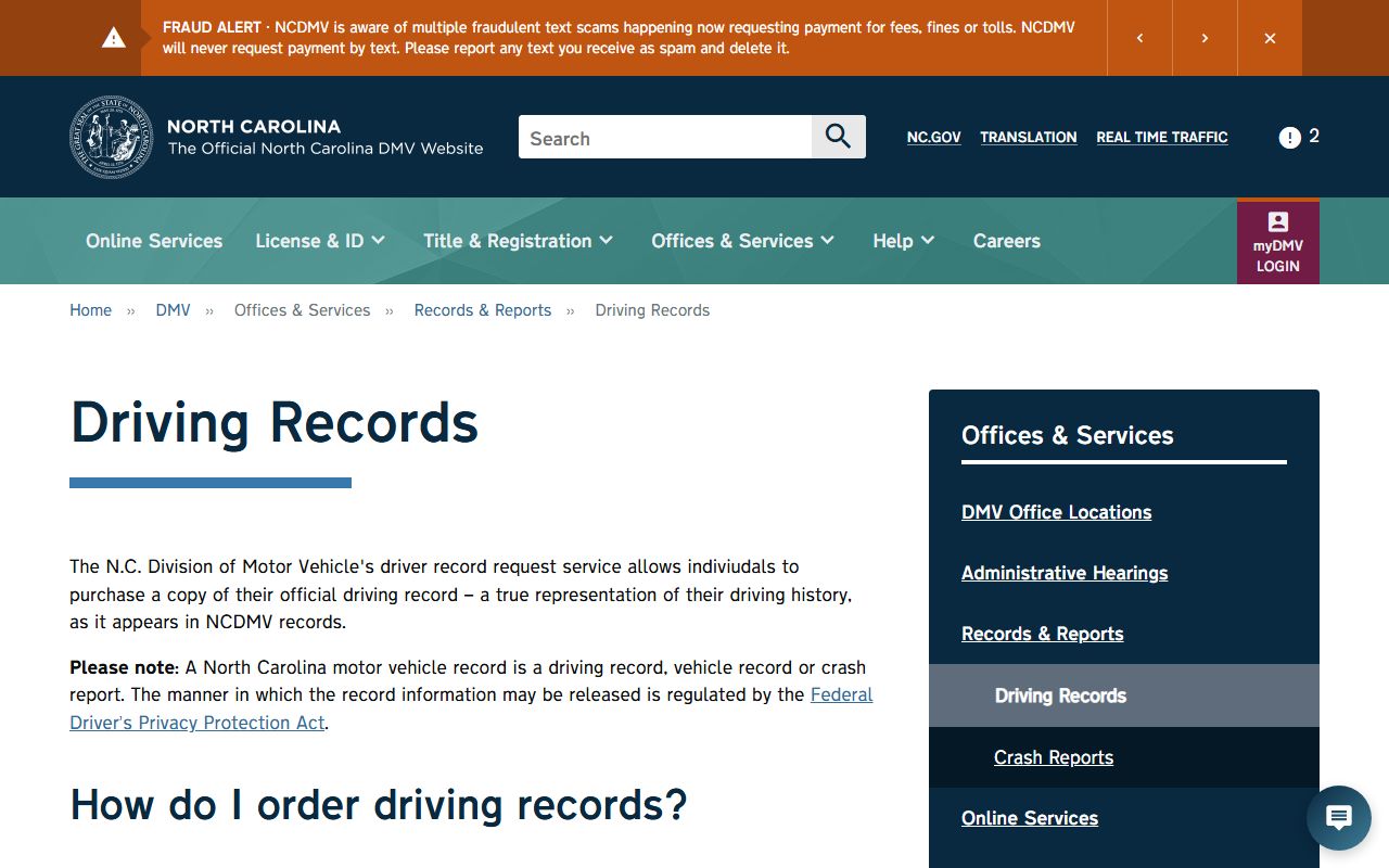 Washington County traffic court records NCDMV driving record page