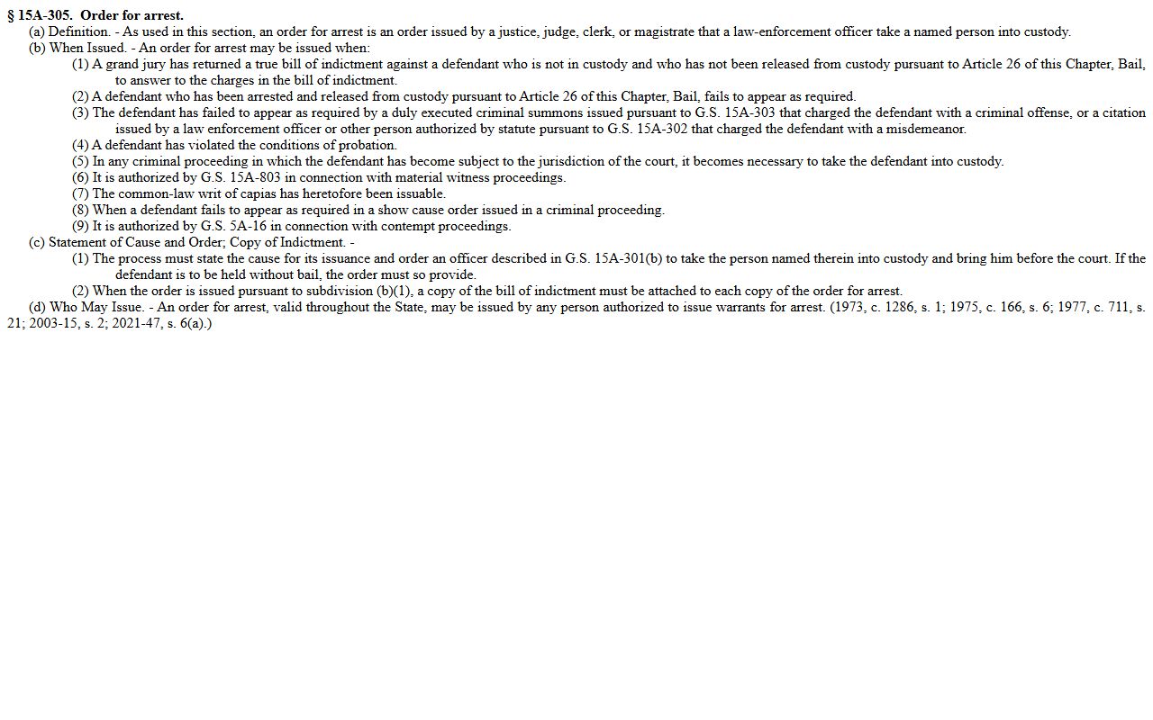 Washington County warrant records North Carolina order for arrest statute
