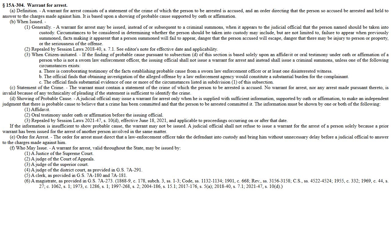 Washington County warrant records North Carolina warrant for arrest statute